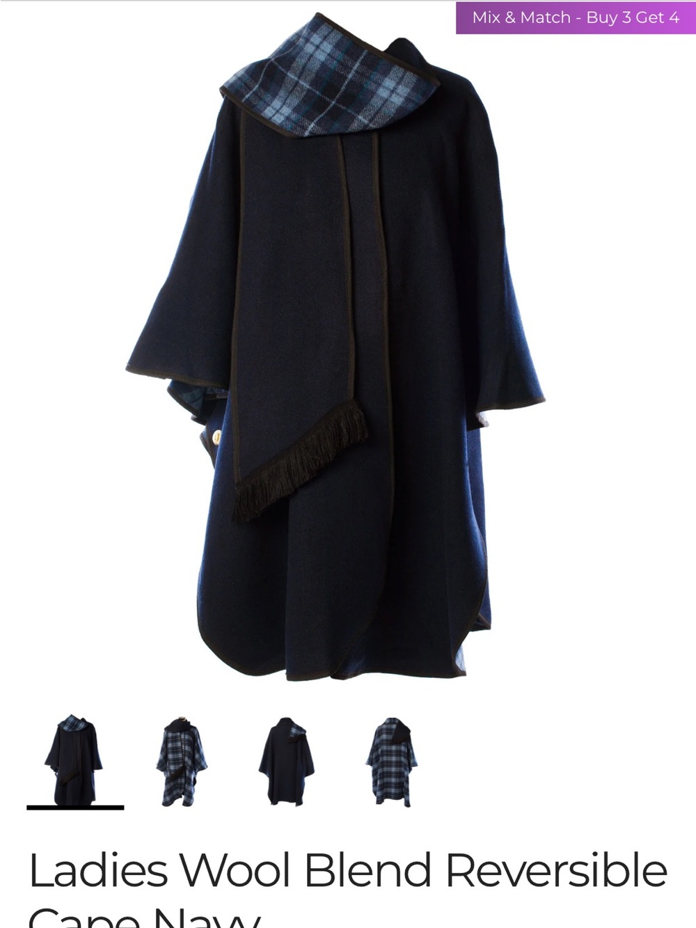 *Heritage of Scotland* Reversible Plaid / Navy Wool-Blend Cape with Plaid Trim